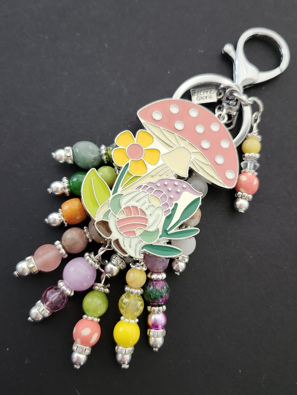 Boho Mushroom Gnome Purse Charm Jade Rhodonite Agate Aventurine Handcrafted